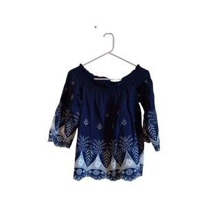 Umgee boho Blue swoop neck‎ white embroidered blouse